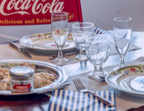 table, tableware, plate, wine glass, drink, food